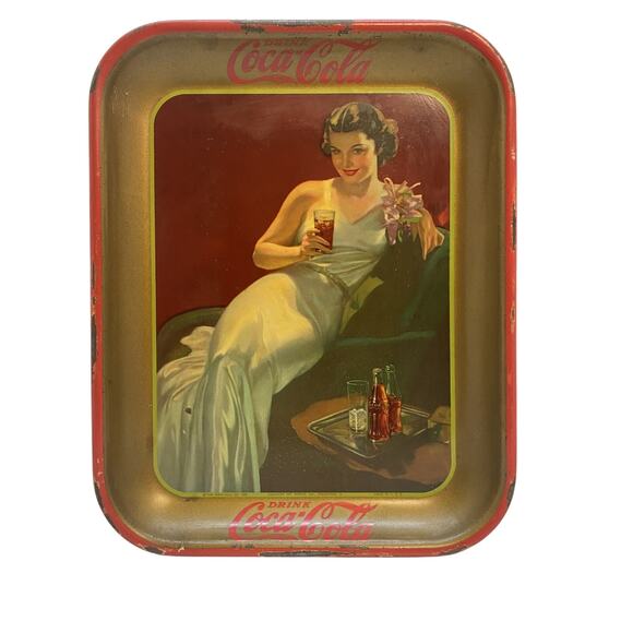 Vintage 1936 Coca Cola Advertising Serving Tin Tray Lady in White Dress - Picture 1 of 8